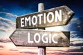 Emotion, logic - wooden signpost, roadsign with two arrows Royalty Free Stock Photo