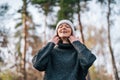 Emotion photo. Cute white emotional caucasian girl in the park