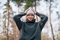 Emotion photo. Cute white emotional caucasian girl in the park