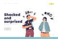 Emotion of shock and surprise concept of landing page with excited cartoon couple Royalty Free Stock Photo