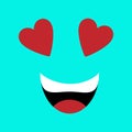 Emotion squared. Flat design. Blue playful loving face with hearts