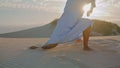 Emotional artist dancing sunset on sand desert close up. Girl passionate dance.