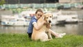 Emotional black and white portrait of a sad lonely girl hugging her dog Royalty Free Stock Photo