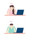 Emotional burnout concept. Exhausted female and male office worker. Vector flat cartoon illustration