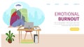 Emotional burnout at remote work, tired woman problem, landing banner vector illustration. Business worker character at