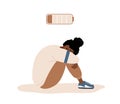 Emotional burnout. Sad african teenager with low battery sitting on floor and crying. Mental health problem. Deadline Royalty Free Stock Photo