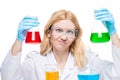 emotional chemist with test tubes on a white background