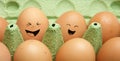Emotional chicken eggs in a tray. Different grimaces drawn on chicken eggs.