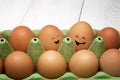 Emotional chicken eggs in a tray. Different grimaces drawn on chicken eggs