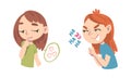 Emotional children set. Girls with spiteful and dreaming face expression cartoon vector illustration