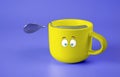 Emotional coffee cup on a blue background. A coffee cup with thoughtful eyes.