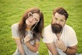 Emotional couple radiating happiness. Happy together. Couple in love cheerful youth booth props. Love story. Couple Royalty Free Stock Photo