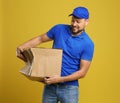 Emotional courier with damaged cardboard box on background. Poor quality delivery service Royalty Free Stock Photo