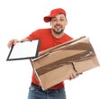 Emotional courier with damaged cardboard box and clipboard on background. Poor quality delivery service Royalty Free Stock Photo