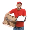 Emotional courier with damaged cardboard box and clipboard on background. Poor quality delivery service Royalty Free Stock Photo