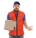 Emotional courier with damaged cardboard box on background. Poor quality delivery service Royalty Free Stock Photo