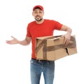 Emotional courier with damaged cardboard box on background. Poor quality delivery service Royalty Free Stock Photo