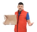 Emotional courier with damaged cardboard box on background. Poor quality delivery service