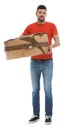 Emotional courier with damaged cardboard box on background. Poor quality delivery service Royalty Free Stock Photo