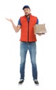 Emotional courier with damaged cardboard box on background. Poor quality delivery service Royalty Free Stock Photo