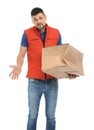 Emotional courier with damaged cardboard box on white. Poor quality delivery service Royalty Free Stock Photo