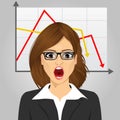 Emotional crying businesswoman in economic crisis with line graph showing negative trend