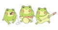 Emotional cute frogs. Cartoon character. Illustration of frogs playing on music instruments