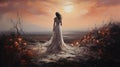 Emotional And Dramatic Sunrise: A Girl In A Long White Dress