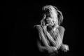 Emotional dreamy woman portrait triple Multiple exposure black and white photo. Hug suport and love emotions