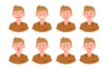 Emotional face cartoon character blonde office man front view vector set. Happy smiling upset surprised sad angry shouting person