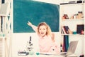 Emotional female teacher educator in classroom chalkboard background. Emotional control. Emotional people concept. Woman