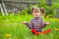 Emotional five-year girl sitting in grass. Royalty Free Stock Photo