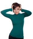 Emotional girl in a green jumper