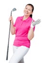 Emotional girl happy after a game of golf on a white Royalty Free Stock Photo