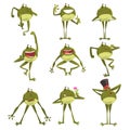 Emotional green funny frog, amfibian animal cartoon character in different poses vector Illustration on a white Royalty Free Stock Photo