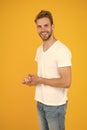 Emotional handsome guy. Sexy handsome confident young man standing in white shirt. Summer and spring collection Royalty Free Stock Photo