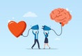 Emotional intelligence and control of feelings. Vector of a man and a woman connect heart with a brain