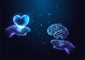 Emotional intelligence, empathy concept with hands holding brain and heart shape in glowing style