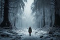 Emotional journey lone travelers psyche confronted in snow covered forest isolation