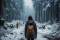 Emotional journey lone travelers psyche confronted in snow covered forest isolation