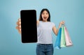 Emotional lady holding shopping bags and smartphone with empty screen Royalty Free Stock Photo