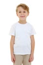 Emotional little boy in a pure white t-shirt. Royalty Free Stock Photo