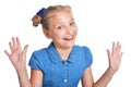 Emotional little girl in blue shirt Royalty Free Stock Photo