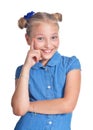 Emotional little girl in blue shirt Royalty Free Stock Photo