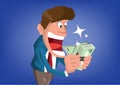 Emotional man standing counting cash with joy from his successful business. Business success goals concept on blue background.