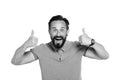 Emotional man with two thumbs up isolated on white background. Excited bearded emotional guy with happy face. Thumbs up on both ha