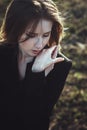 Emotional portrait beautiful expressive woman wind hair