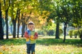 Emotional portrait of a happy and cheerful little boy laughing. yellow flying maple leaves while walking in the autumn park. Happy Royalty Free Stock Photo