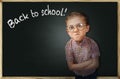 Emotional pupil boy near chalkboard