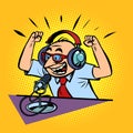 Emotional radio podcaster male sports commentator Royalty Free Stock Photo